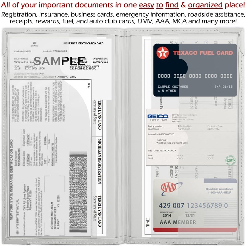 PlusXpres Auto Insurance and Registration Card Holder - Vehicle Glove Box Document Organizer - Car Essential Paperwork Holder for DMV  AAA  Contact Information Cards - Premium PU Leather Wallet Case - White - Image 4